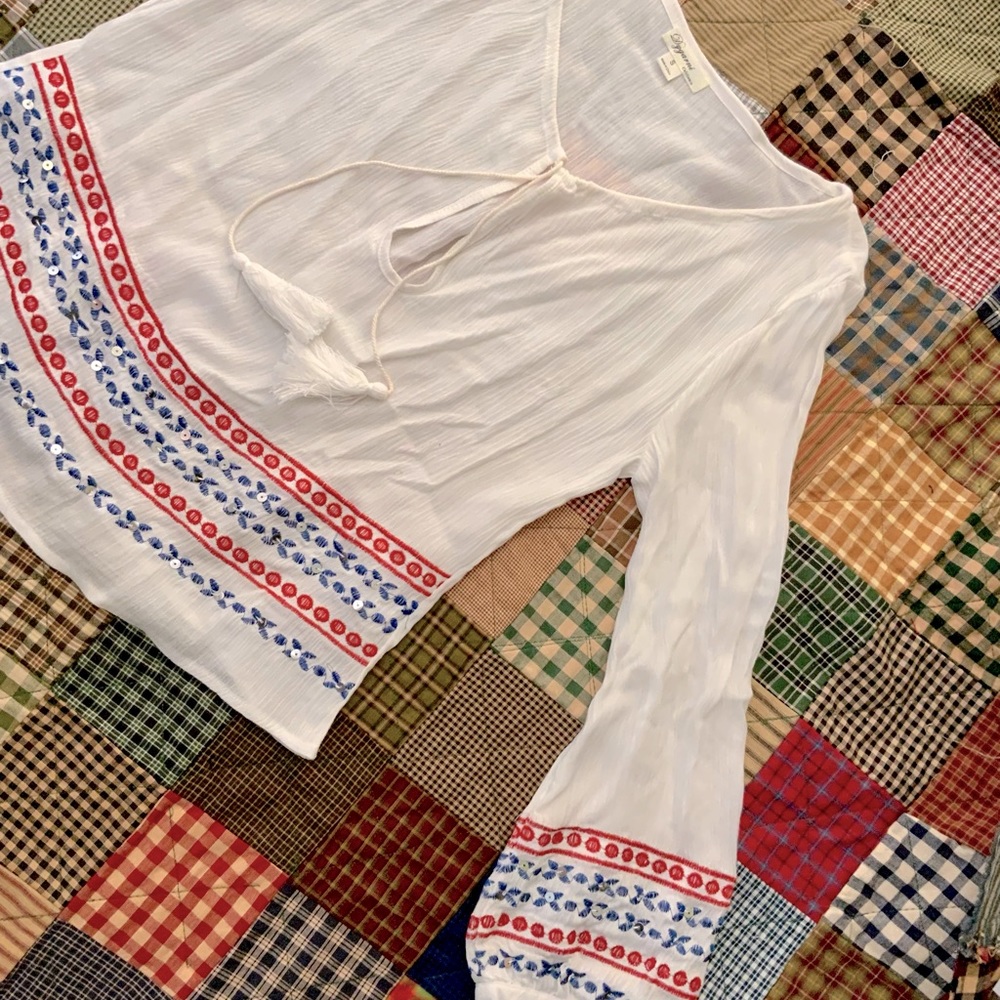 Boho Peasant Top Embroidery Sequins Puff Sleeve Tassels White Red Blue S M L - Picture 2 of 14